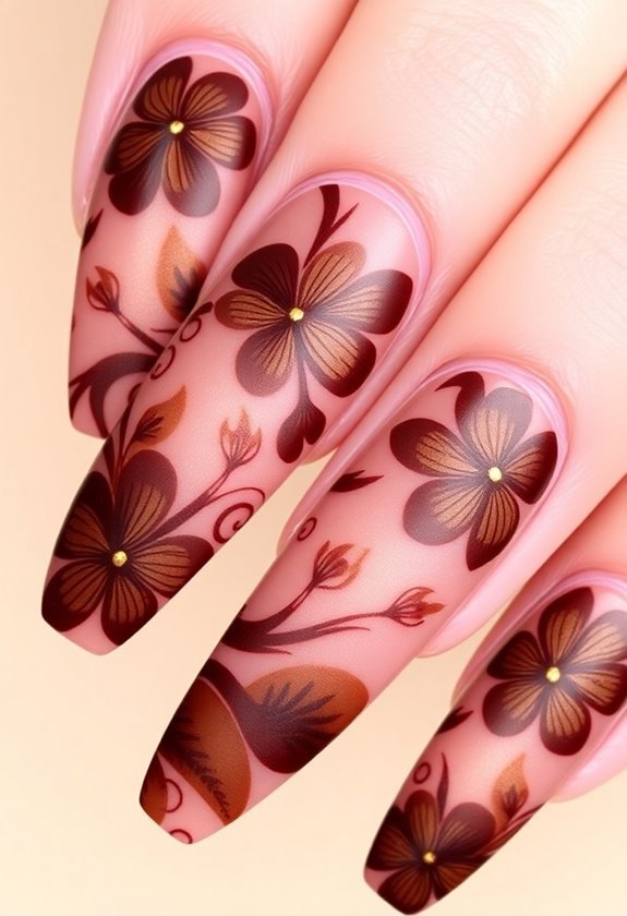 Brown Floral Details nails design