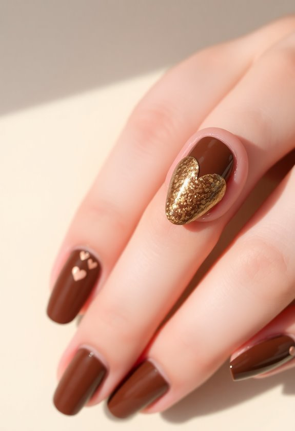 Brown Heart Accents Nails Design